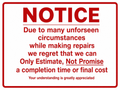 Notice - Repair Completion Time & Final Cost Estimate - 12x18 Shop Sign