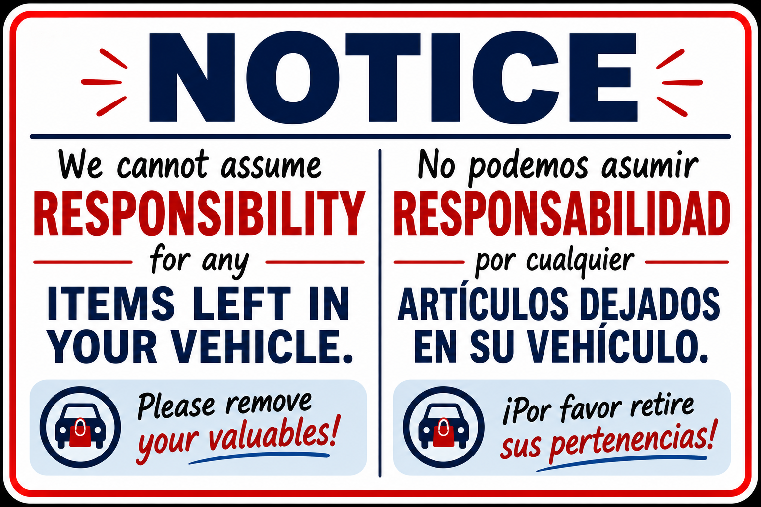 Notice - Items Left in Vehicles Sign - 12x18