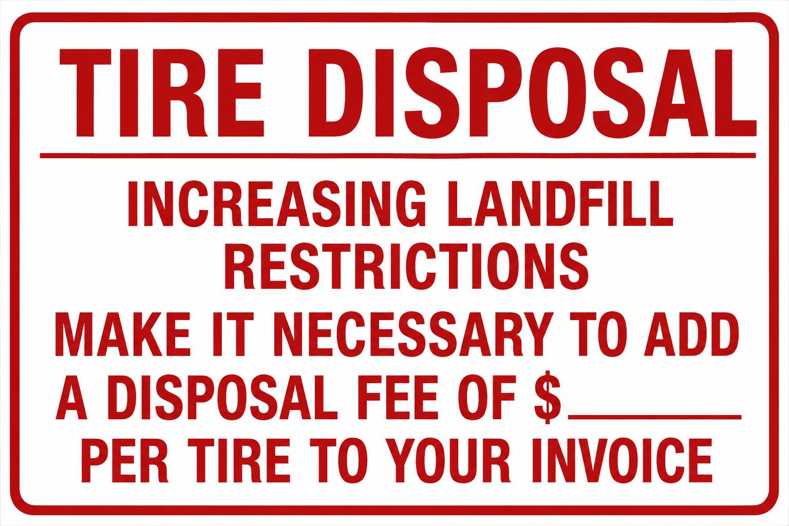 Tire Disposal Fee Notice - 12x18 Tire Shop Sign